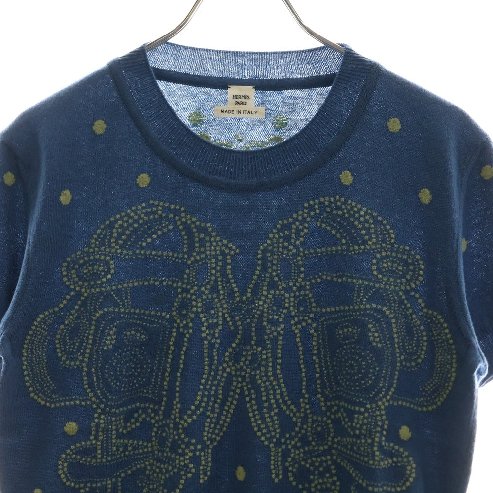 HERMES(エルメス) 23SS BRIDES de GALA ブリッド ドゥ ガラ ドット柄 ジャガード カシミヤ クルーネック 半袖ニット セーター ブルー レディース 3E2623D8