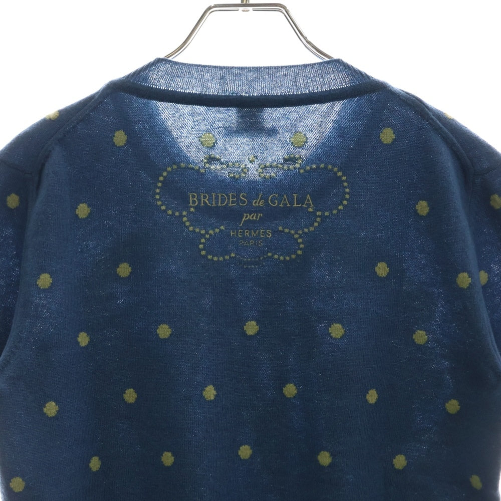 HERMES(エルメス) 23SS BRIDES de GALA ブリッド ドゥ ガラ ドット柄 ジャガード カシミヤ クルーネック 半袖ニット セーター ブルー レディース 3E2623D8