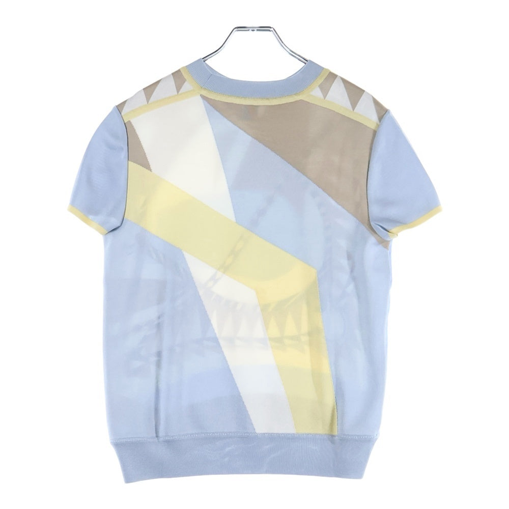 HERMES(エルメス) 総柄プリント シルク スカーフ 切り替え クルーネック 半袖ニット セーター ライトブルー/ベージュ レディース 3H2824DJ