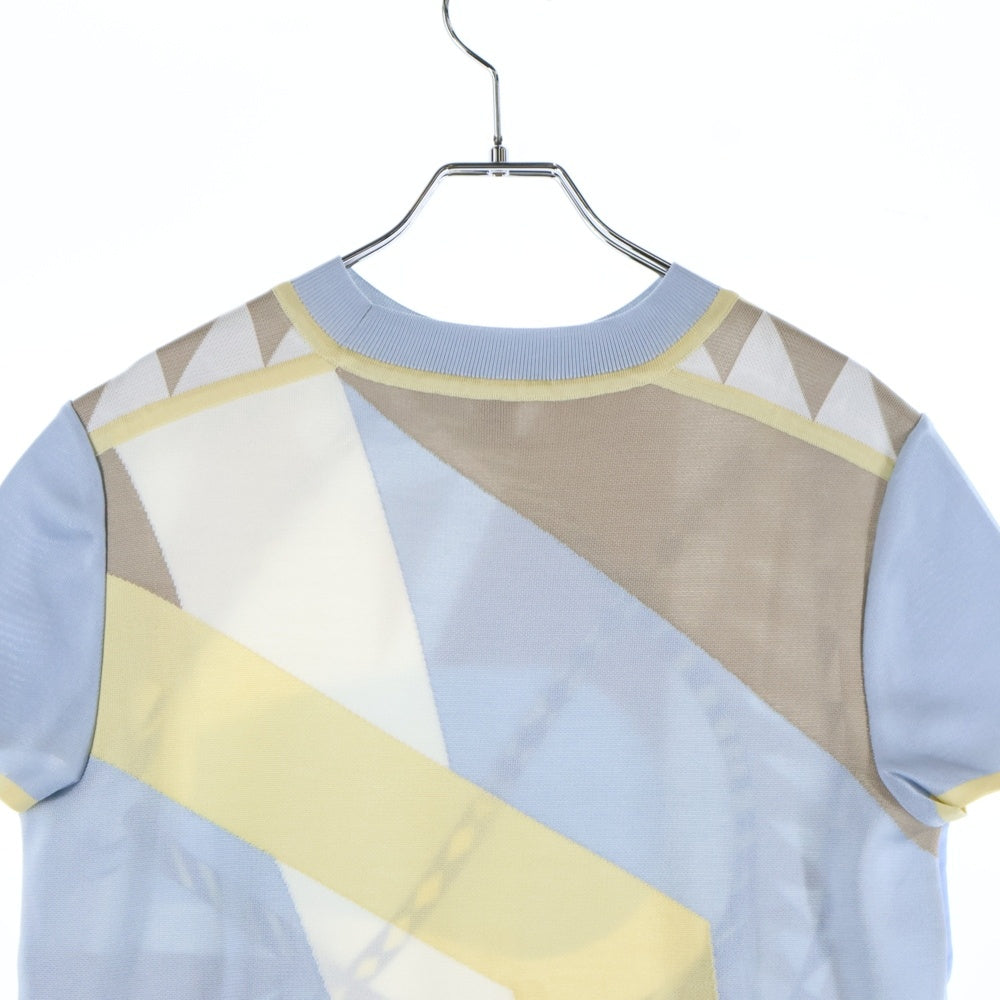 HERMES(エルメス) 総柄プリント シルク スカーフ 切り替え クルーネック 半袖ニット セーター ライトブルー/ベージュ レディース 3H2824DJ