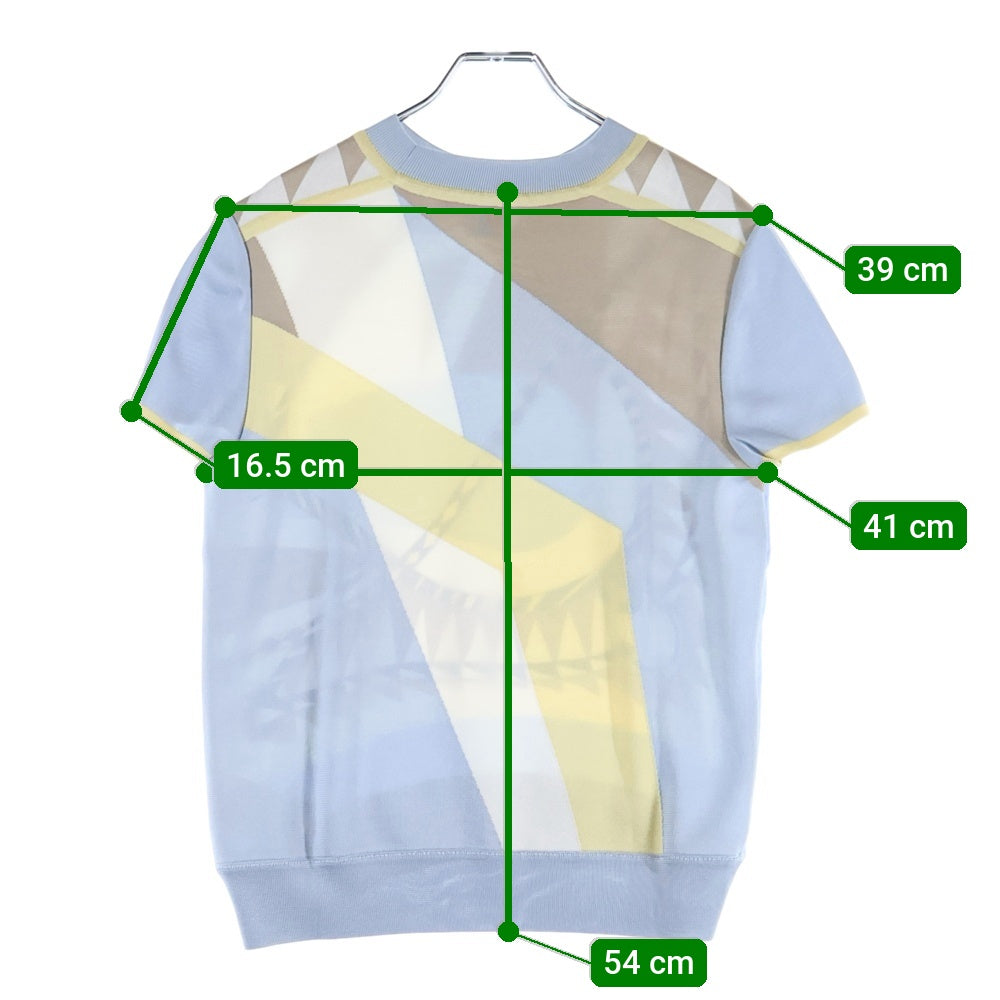 HERMES(エルメス) 総柄プリント シルク スカーフ 切り替え クルーネック 半袖ニット セーター ライトブルー/ベージュ レディース 3H2824DJ