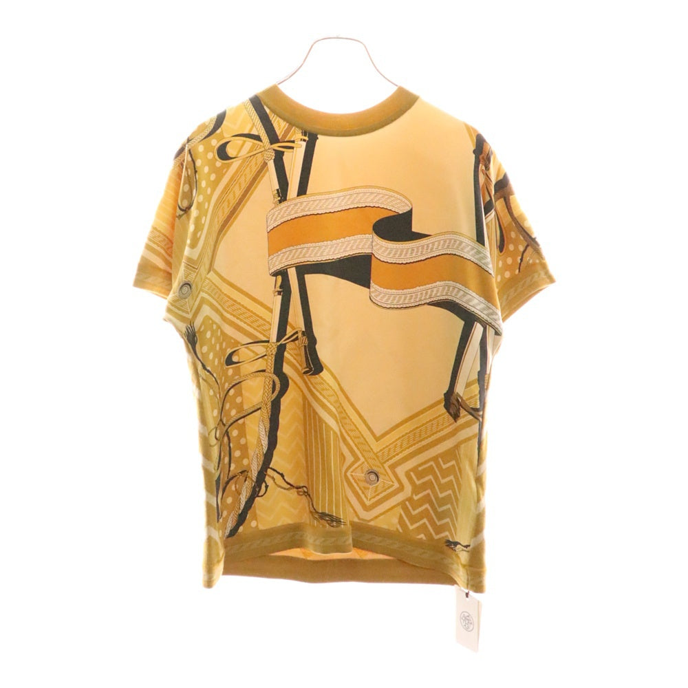 HERMES(エルメス) 23AW 総柄プリント シルク切り替え ウール クルーネック 半袖ニット セーター ベージュ レディース 3H2830D9