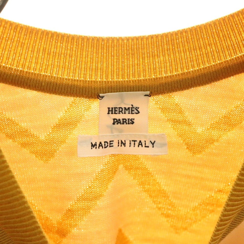 HERMES(エルメス) 23AW 総柄プリント シルク切り替え ウール クルーネック 半袖ニット セーター ベージュ レディース 3H2830D9
