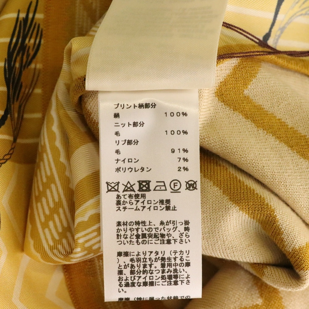 HERMES(エルメス) 23AW 総柄プリント シルク切り替え ウール クルーネック 半袖ニット セーター ベージュ レディース 3H2830D9