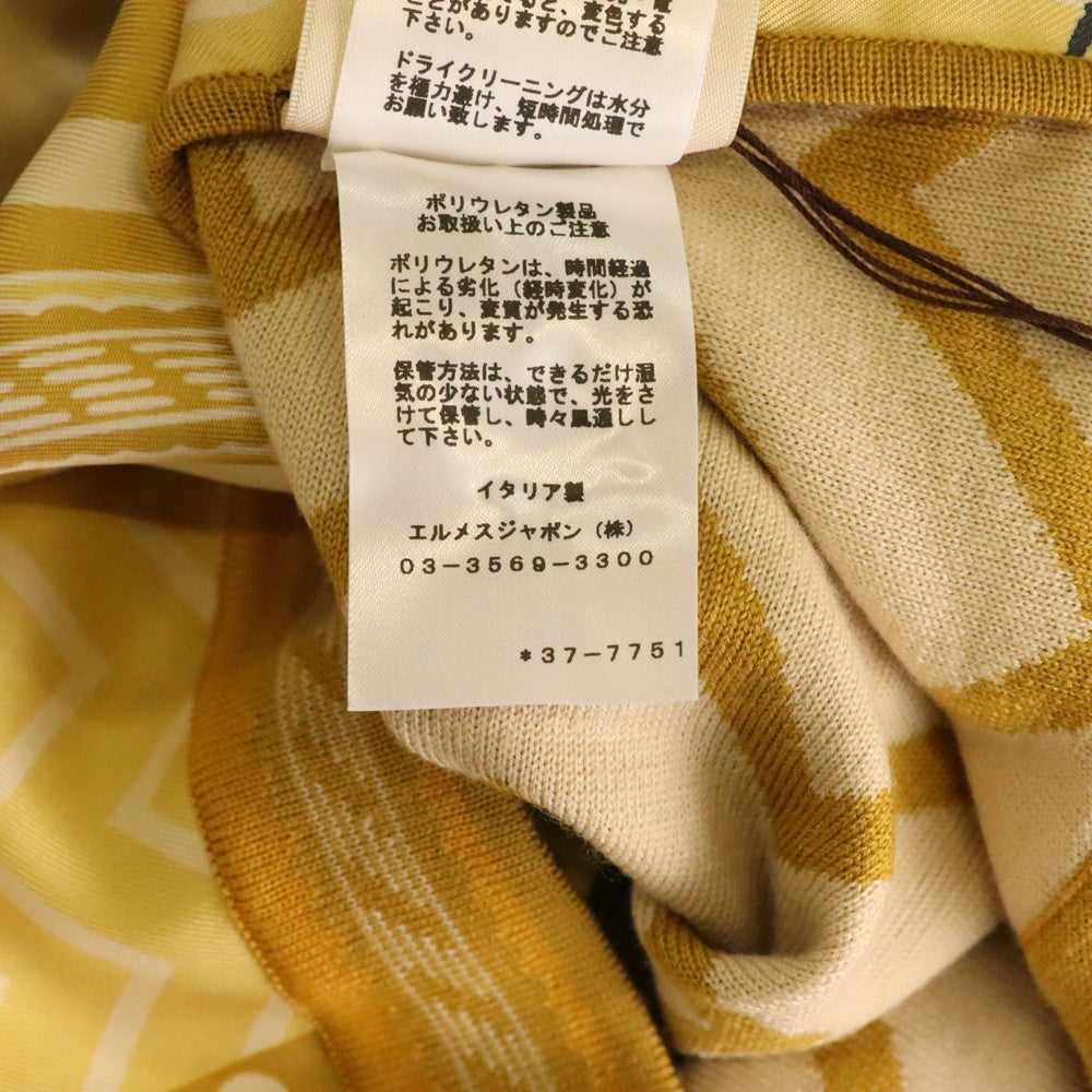 HERMES(エルメス) 23AW 総柄プリント シルク切り替え ウール クルーネック 半袖ニット セーター ベージュ レディース 3H2830D9