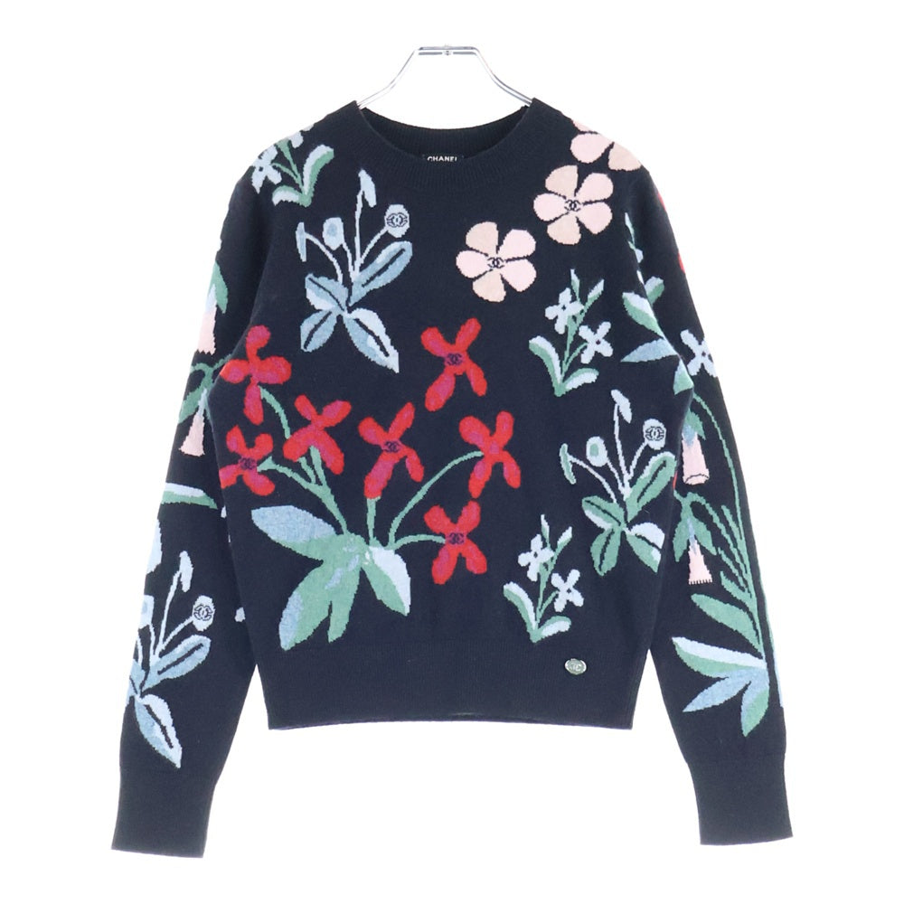 CHANEL(シャネル) ココマーク ロゴプレート フラワー総柄ジャガード カシミヤ クルーネック ロングスリーブ 長袖ニット セーター ブラック P70991K10164