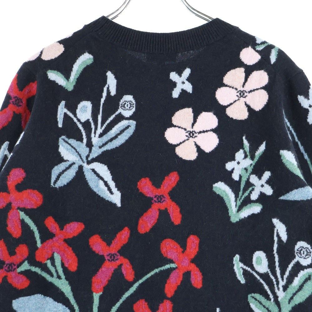 CHANEL(シャネル) ココマーク ロゴプレート フラワー総柄ジャガード カシミヤ クルーネック ロングスリーブ 長袖ニット セーター ブラック P70991K10164