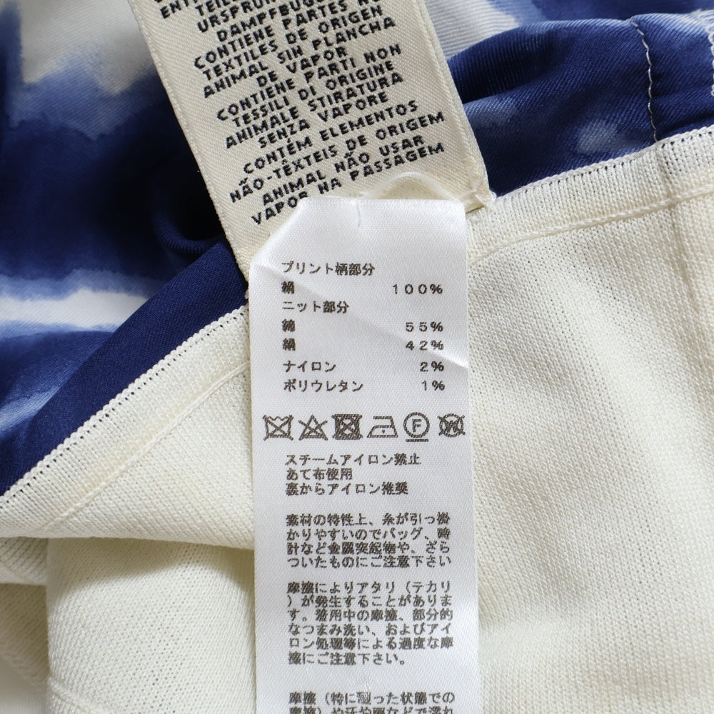 HERMES(エルメス) 総柄プリント シルク スカーフ ニット切り替え カーディガン ホワイト/ブルー レディース