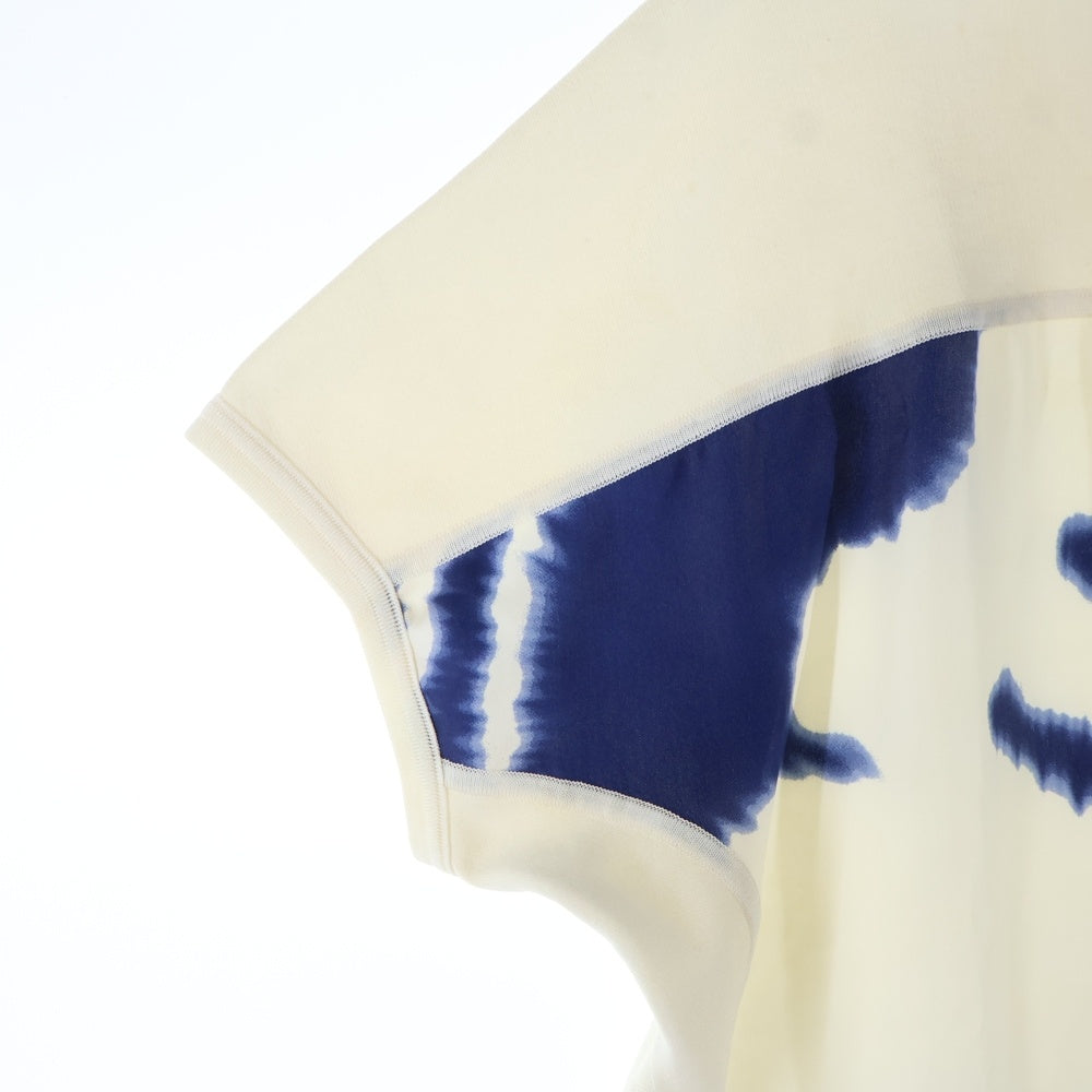 HERMES(エルメス) BRIDES de GALA ブリッド ドゥ ガラ シルク スカーフ 柄プリント 切り替え ニット クルーネック 半袖Tシャツ カットソー ホワイト/ブルー レディース