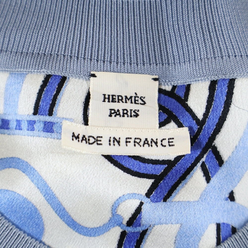 HERMES(エルメス) チェーン 馬具 総柄プリント シルク スカーフ クルーネック 半袖 Tシャツ カットソー ブルー/ホワイト レディース 2E0626DL