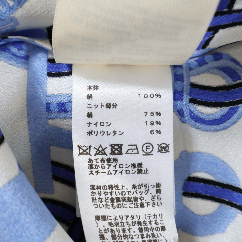 HERMES(エルメス) チェーン 馬具 総柄プリント シルク スカーフ クルーネック 半袖 Tシャツ カットソー ブルー/ホワイト レディース 2E0626DL