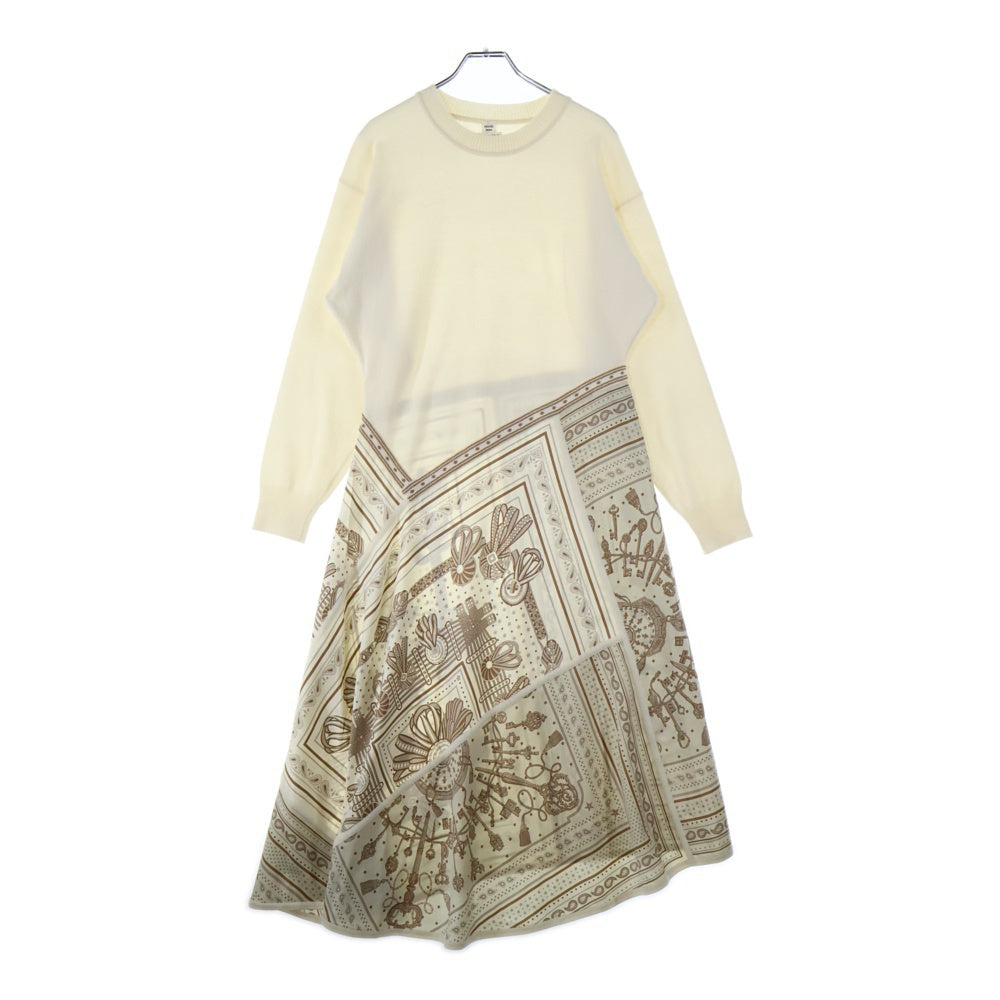HERMES(エルメス) ペイズリー バンダナ柄 シルク スカーフ 切り替え ニット クルーネック ロングスリーブ 長袖ロング フレア ワンピース ベージュ レディース