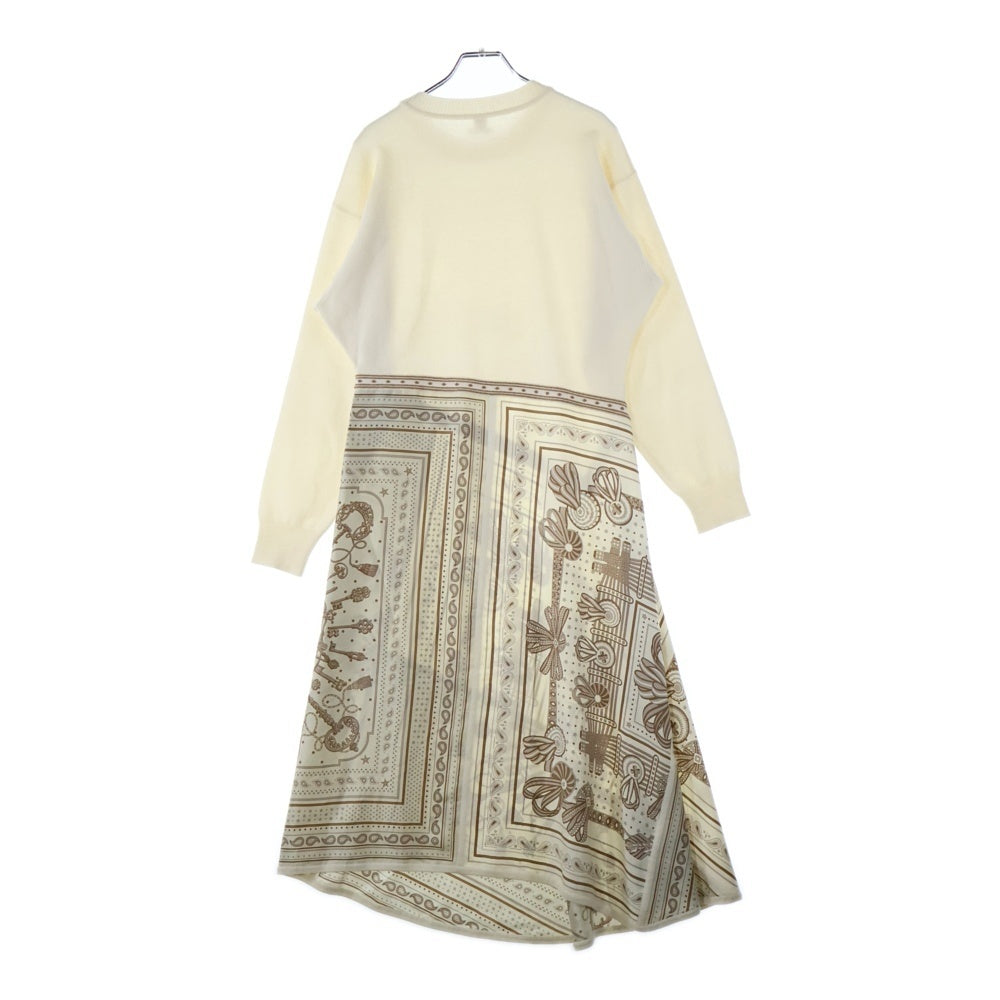 HERMES(エルメス) ペイズリー バンダナ柄 シルク スカーフ 切り替え ニット クルーネック ロングスリーブ 長袖ロング フレア ワンピース ベージュ レディース