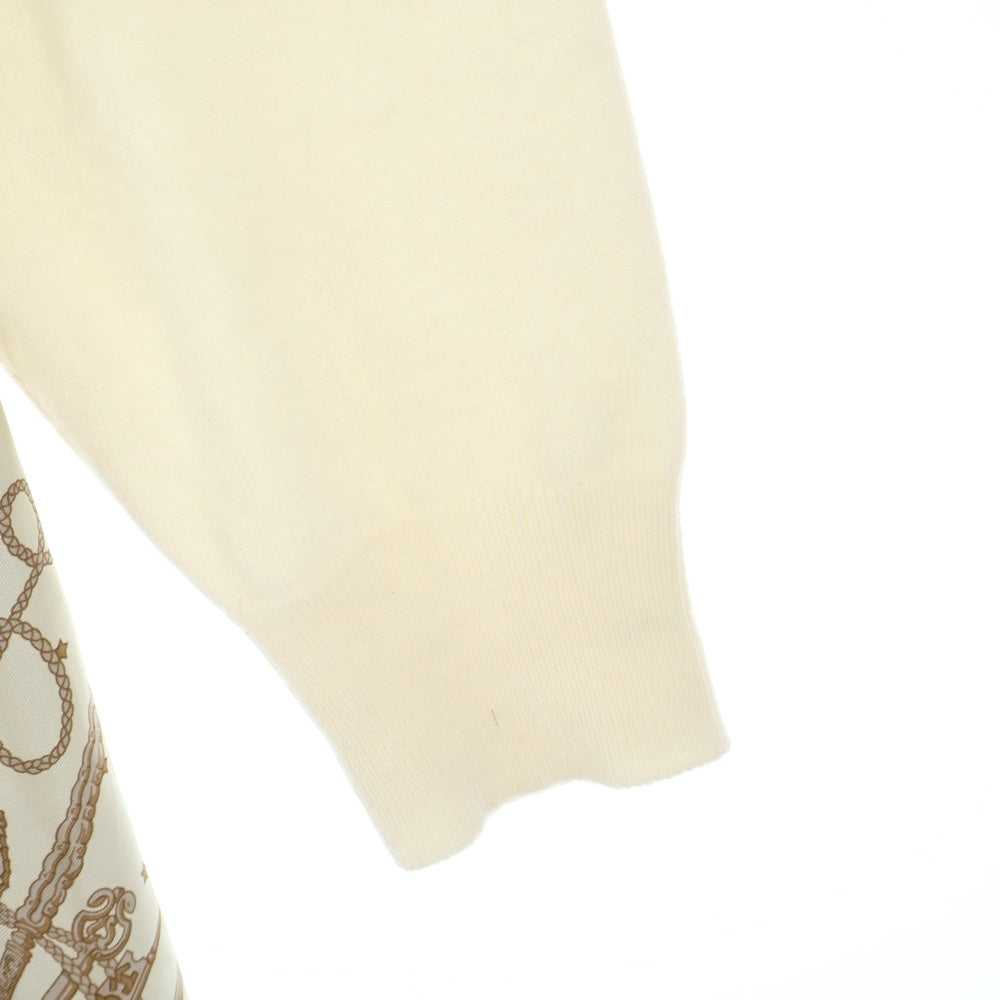 HERMES(エルメス) ペイズリー バンダナ柄 シルク スカーフ 切り替え ニット クルーネック ロングスリーブ 長袖ロング フレア ワンピース ベージュ レディース