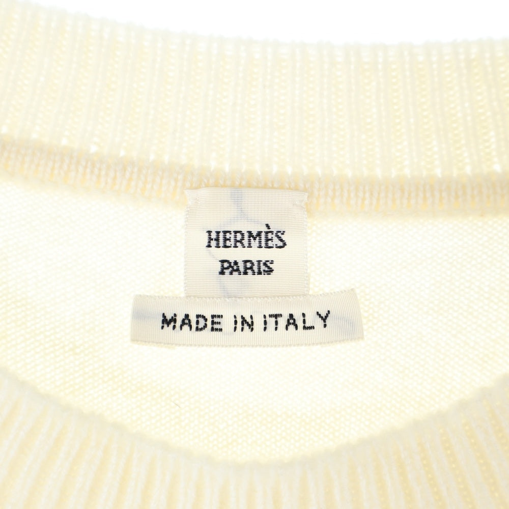HERMES(エルメス) ペイズリー バンダナ柄 シルク スカーフ 切り替え ニット クルーネック ロングスリーブ 長袖ロング フレア ワンピース ベージュ レディース