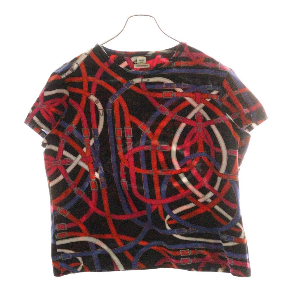 HERMES(エルメス) ベルト総柄プリント クルーネック 半袖Tシャツ カットソー マルチカラー ブラック/レッド レディース