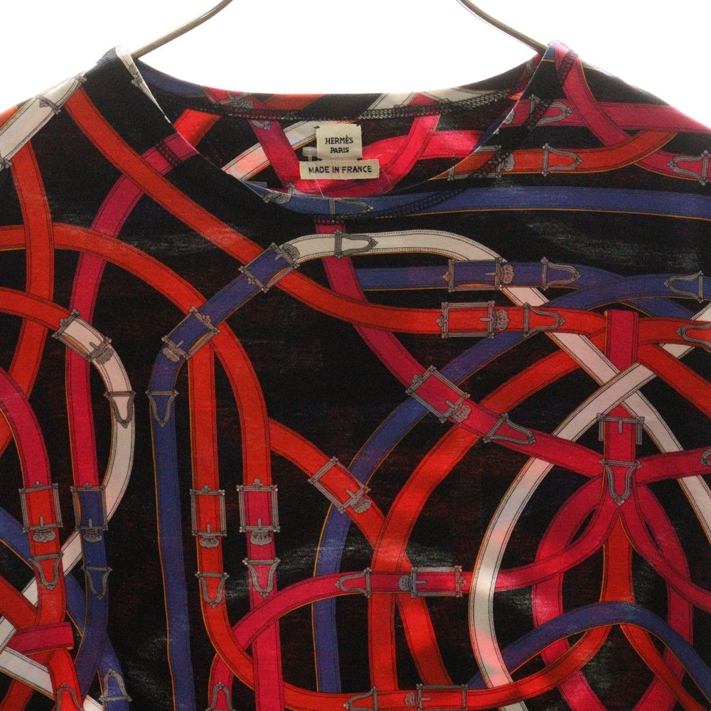 HERMES(エルメス) ベルト総柄プリント クルーネック 半袖Tシャツ カットソー マルチカラー ブラック/レッド レディース