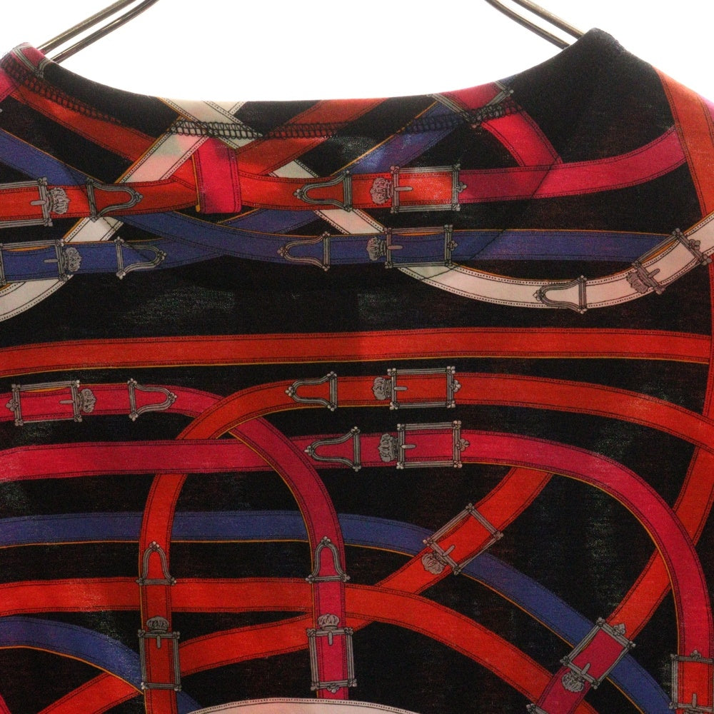 HERMES(エルメス) ベルト総柄プリント クルーネック 半袖Tシャツ カットソー マルチカラー ブラック/レッド レディース