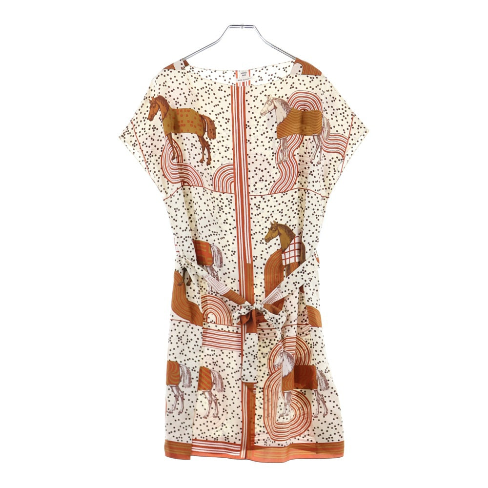 HERMES(エルメス) ガルド ローブ ポップ 馬 総柄プリント シルク スカーフ ノースリーブ ミディアムワンピース カットソー ブラウン レディース 5E0649DL