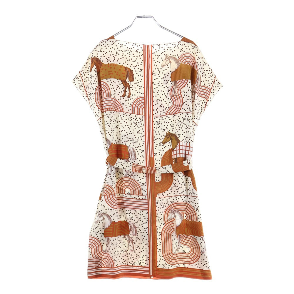 HERMES(エルメス) ガルド ローブ ポップ 馬 総柄プリント シルク スカーフ ノースリーブ ミディアムワンピース カットソー ブラウン レディース 5E0649DL