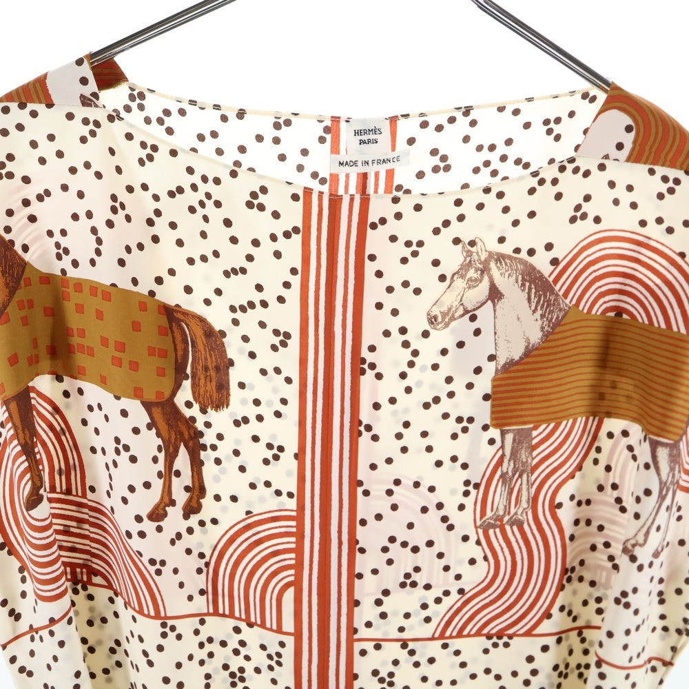 HERMES(エルメス) ガルド ローブ ポップ 馬 総柄プリント シルク スカーフ ノースリーブ ミディアムワンピース カットソー ブラウン レディース 5E0649DL