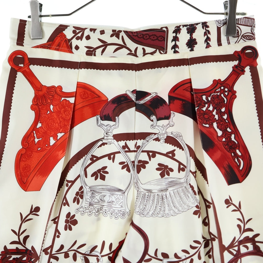 HERMES(エルメス) 24SS ツイルレーヌ 総柄プリント シルク スカーフ ワイドパンツ アイボリー/ブラウン レディース 4E0448DD