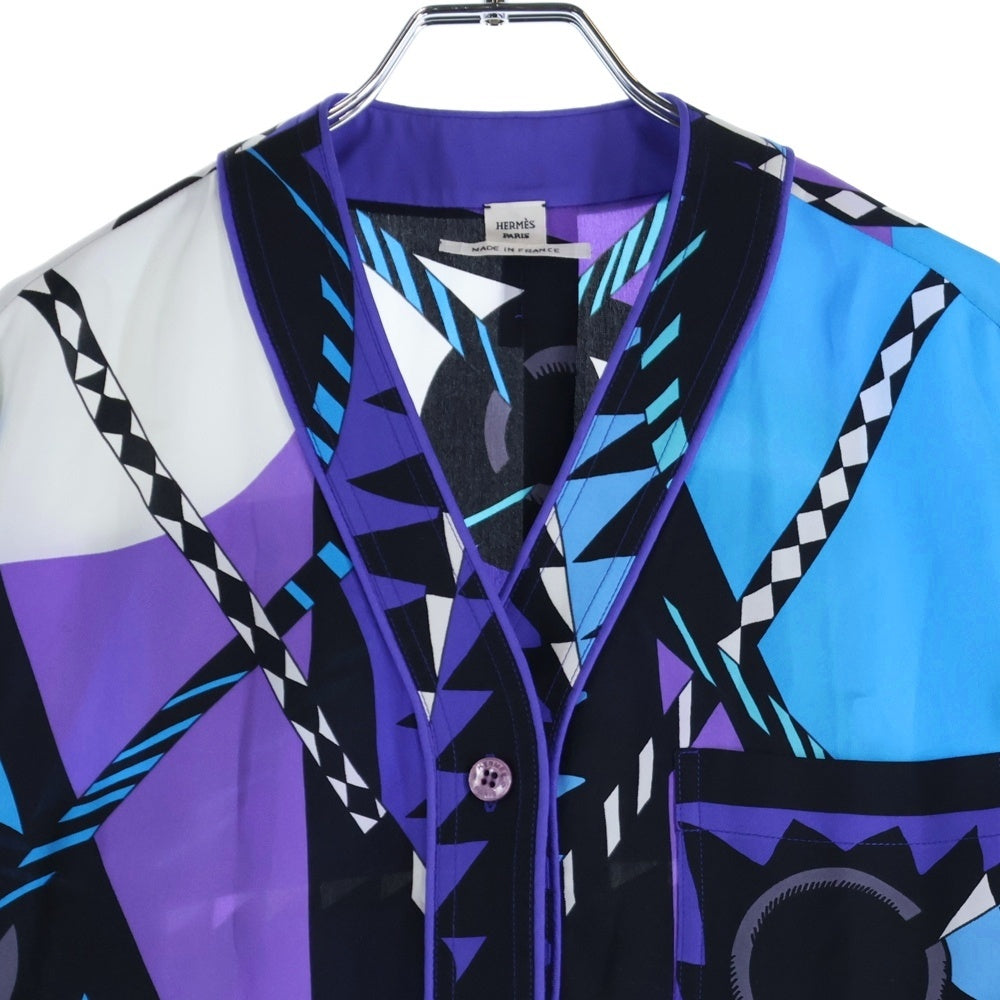 HERMES(エルメス) Artistic Figure 総柄プリント スカーフ総柄 ノーカラーシルクシャツ パープル/ブルー レディース 3H0602DJ