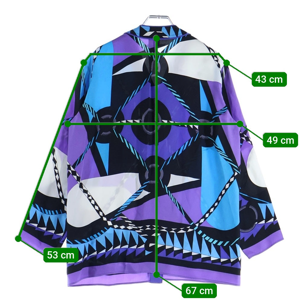 HERMES(エルメス) Artistic Figure 総柄プリント スカーフ総柄 ノーカラーシルクシャツ パープル/ブルー レディース 3H0602DJ