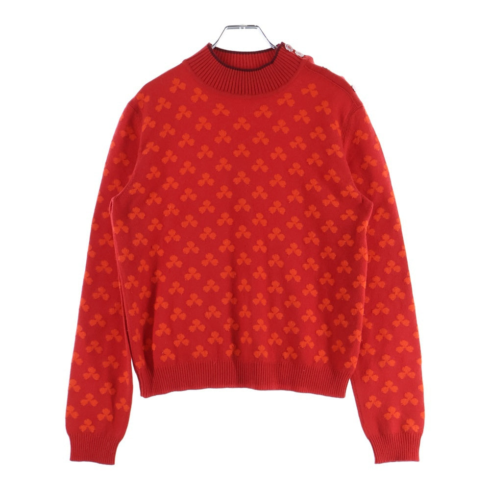 HERMES(エルメス) クローバー総柄ジャガード セリエボタン ハイネック カシミヤ プルオーバー 長袖ニット セーター レッド レディース