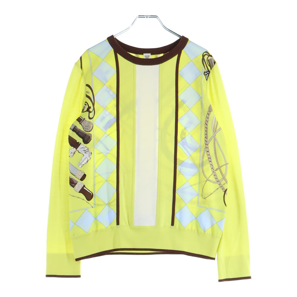 HERMES(エルメス) 柄プリント シルク スカーフ ニット切り替え クルーネック プルオーバー 長袖 ニット カットソー イエロー/ブラウン レディース