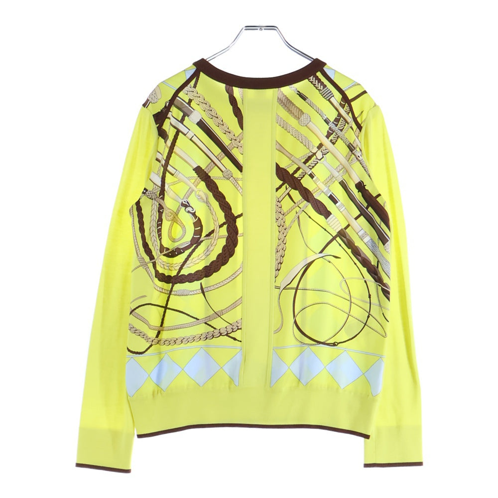 HERMES(エルメス) 柄プリント シルク スカーフ ニット切り替え クルーネック プルオーバー 長袖 ニット カットソー イエロー/ブラウン レディース