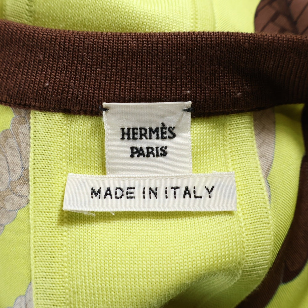 HERMES(エルメス) 柄プリント シルク スカーフ ニット切り替え クルーネック プルオーバー 長袖 ニット カットソー イエロー/ブラウン レディース