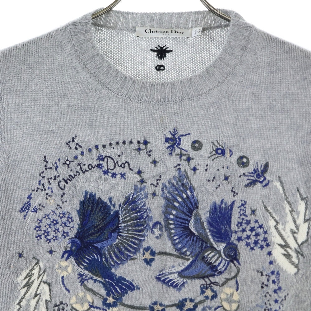 Christian Dior(クリスチャンディオール) 22AW ふたご座 星座柄 刺繍 鳥 カシミヤ クルーネック ロングスリーブ 長袖 ニット セーター グレー レディース 244S57GE061