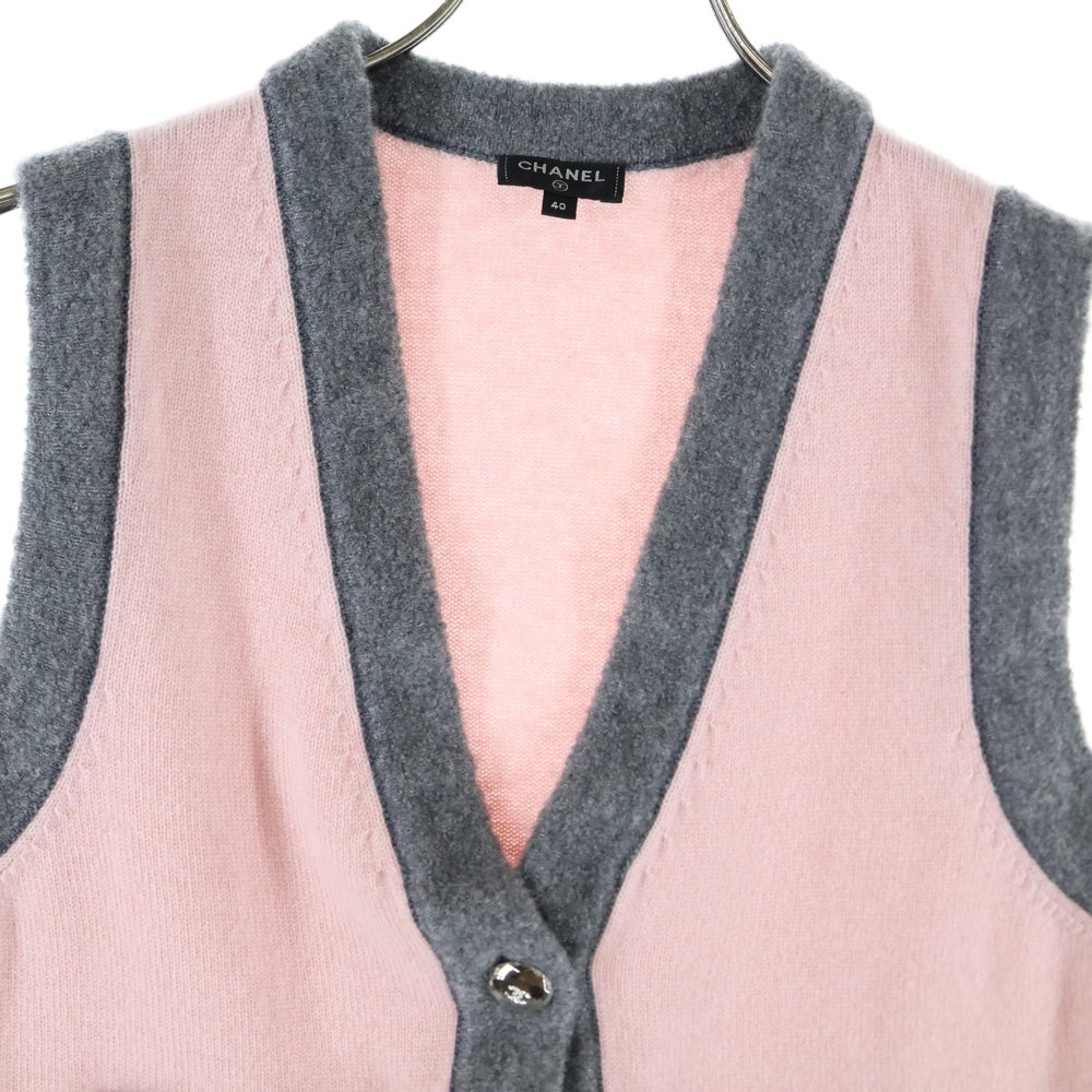 CHANEL(シャネル) ココマーク ラインストーン ボタン カシミヤ ノースリーブ ニット ベスト カーディガン ピンク/グレー レディース P71357K10217