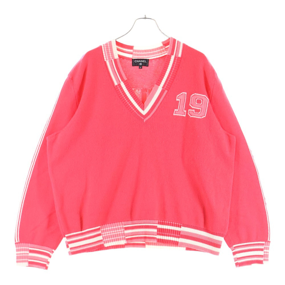 CHANEL(シャネル) ココマーク ナンバリング ジャガード Vネック カシミヤ プルオーバー 長袖 ニット セーター レッド/ピンク レディース P61035K46366