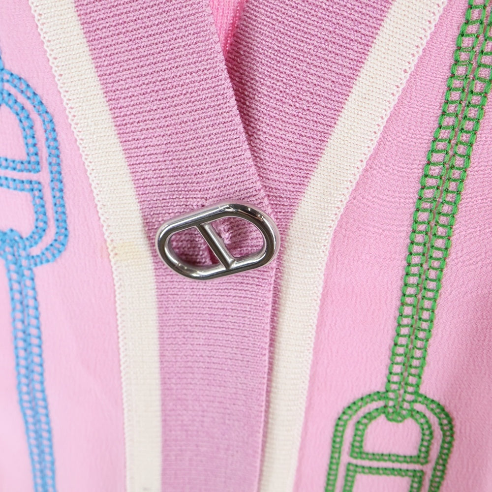 HERMES(エルメス) 23SS シェーヌダンクルボタン 柄刺繍 シルク ニット カーディガン シルバー金具 ピンク レディース 3E2826DV