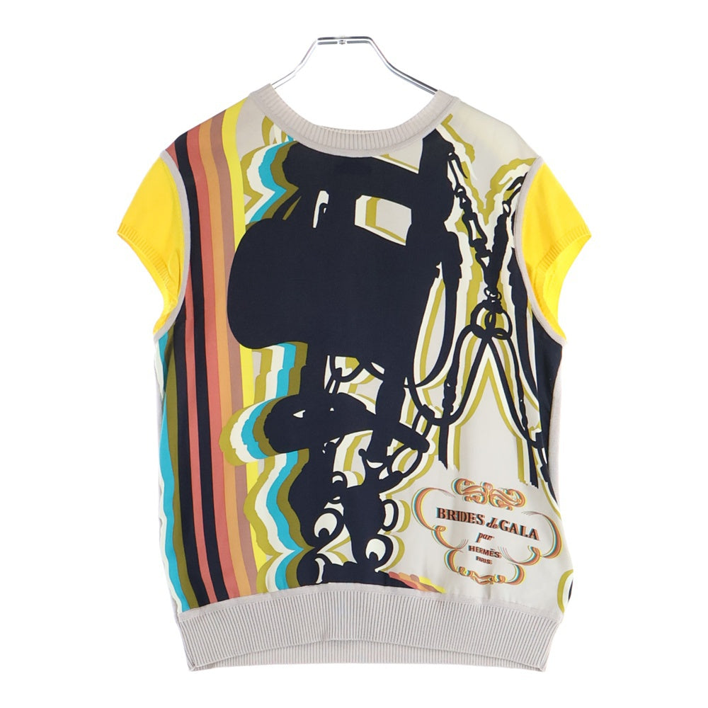 HERMES(エルメス) BRIDES de GARA ブリッド ドゥ ガラ スカーフ切り替え シルク クルーネック 半袖 プルオーバー ニット セーター ベージュ レディース