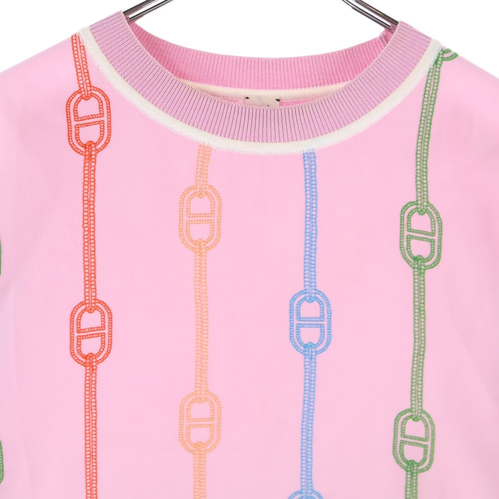 HERMES(エルメス) 23SS シェーヌダンクル 柄刺繍 クルーネック 半袖 ニット切り替え シルク カットソー ピンク レディース 3E2810DV