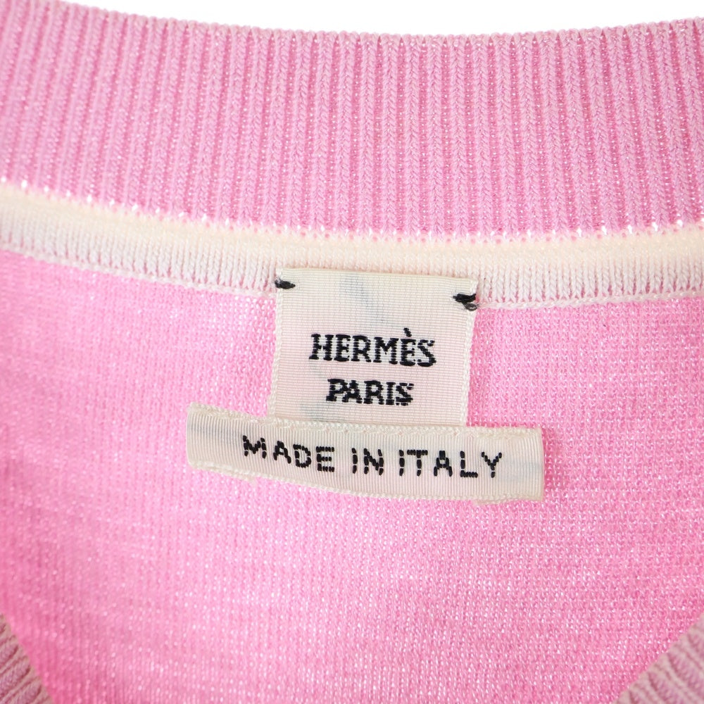 HERMES(エルメス) 23SS シェーヌダンクル 柄刺繍 クルーネック 半袖 ニット切り替え シルク カットソー ピンク レディース 3E2810DV