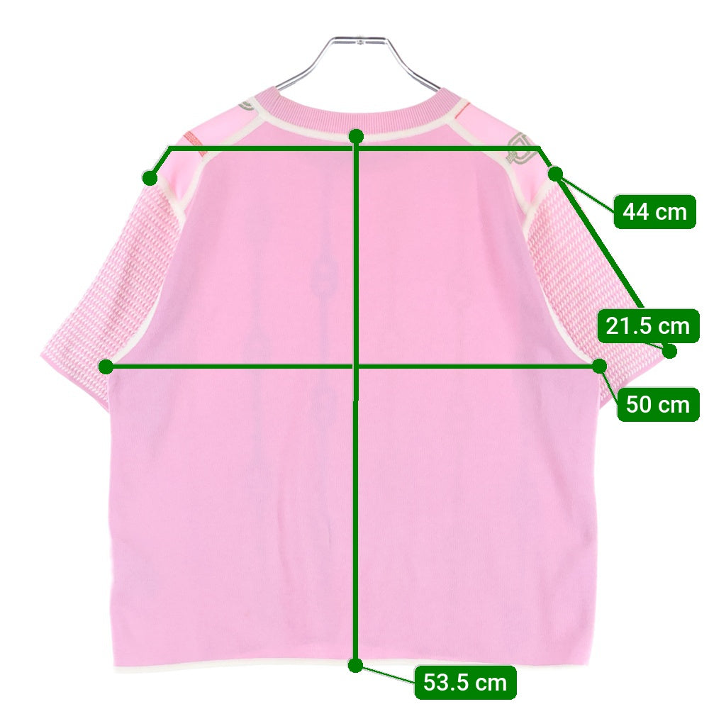 HERMES(エルメス) 23SS シェーヌダンクル 柄刺繍 クルーネック 半袖 ニット切り替え シルク カットソー ピンク レディース 3E2810DV