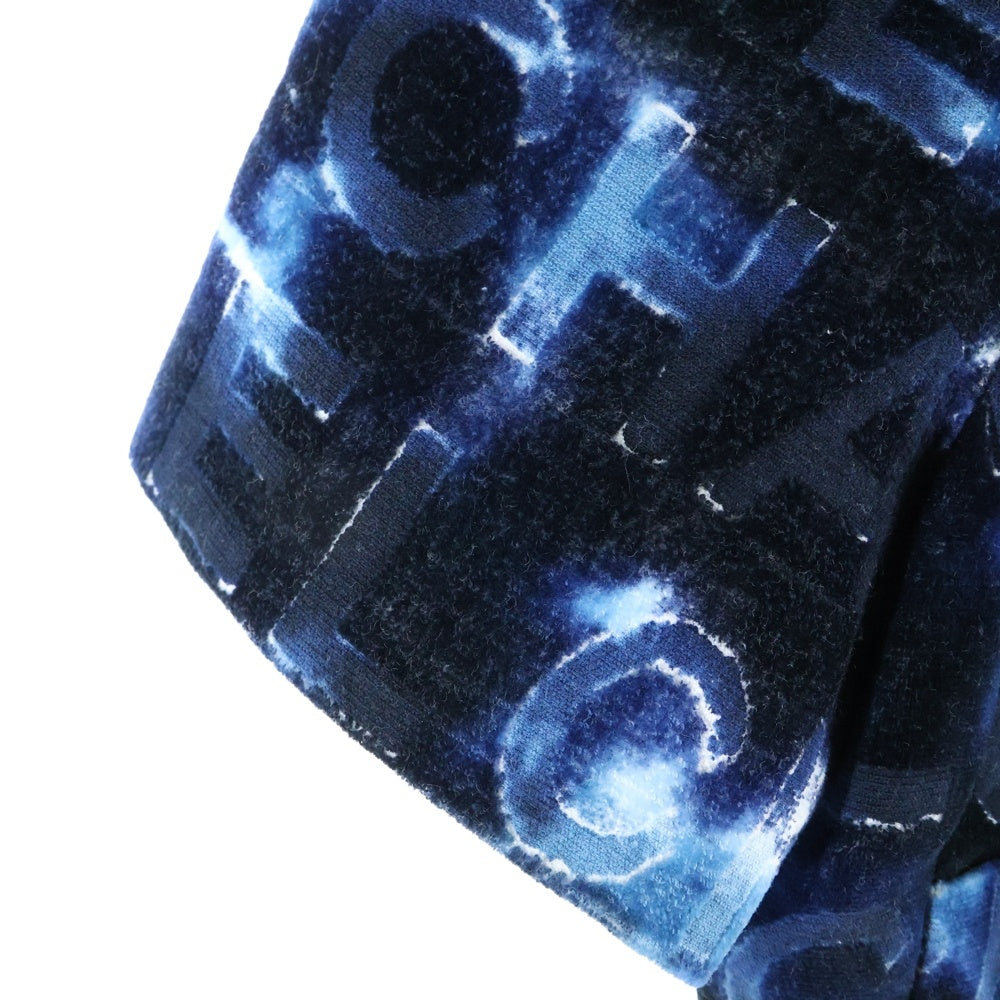 CHANEL(シャネル) ココマーク ラインストーン ボタン エンボスロゴ 総柄 ベロア ベルベット ノーカラー 半袖 クロップド ショート ジャケット ネイビー レディース P70004V61426