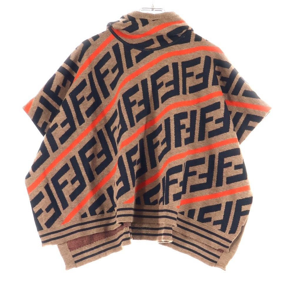 FENDI(フェンディ) ズッカ総柄 ジャガード フーデッド コットン ニット ポンチョ ブラウン/レッド キッズ JFQ039 A2M4