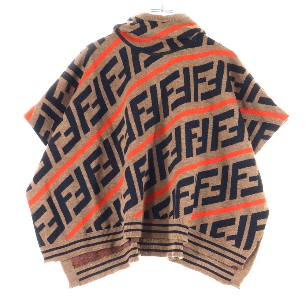FENDI(フェンディ) ズッカ総柄 ジャガード フーデッド コットン ニット ポンチョ ブラウン/レッド キッズ JFQ039 A2M4