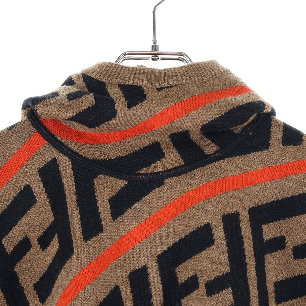 FENDI(フェンディ) ズッカ総柄 ジャガード フーデッド コットン ニット ポンチョ ブラウン/レッド キッズ JFQ039 A2M4