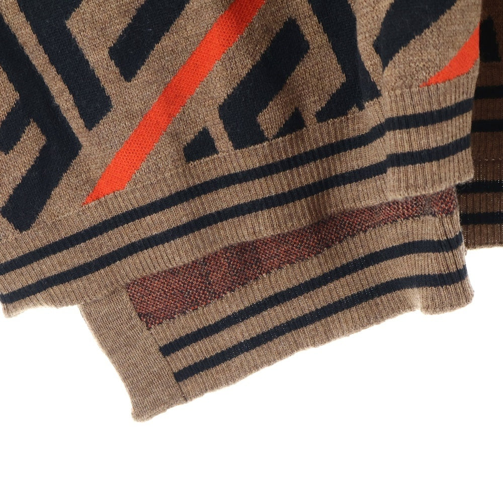 FENDI(フェンディ) ズッカ総柄 ジャガード フーデッド コットン ニット ポンチョ ブラウン/レッド キッズ JFQ039 A2M4