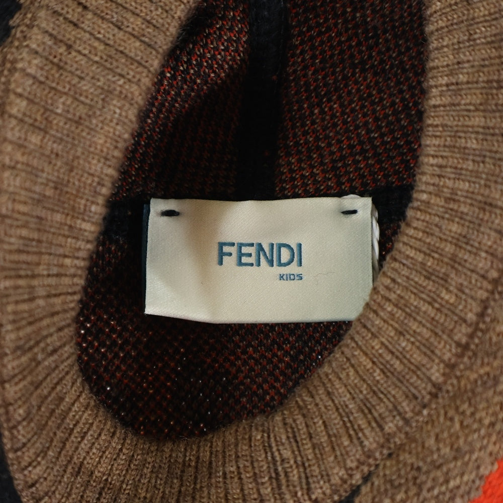FENDI(フェンディ) ズッカ総柄 ジャガード フーデッド コットン ニット ポンチョ ブラウン/レッド キッズ JFQ039 A2M4