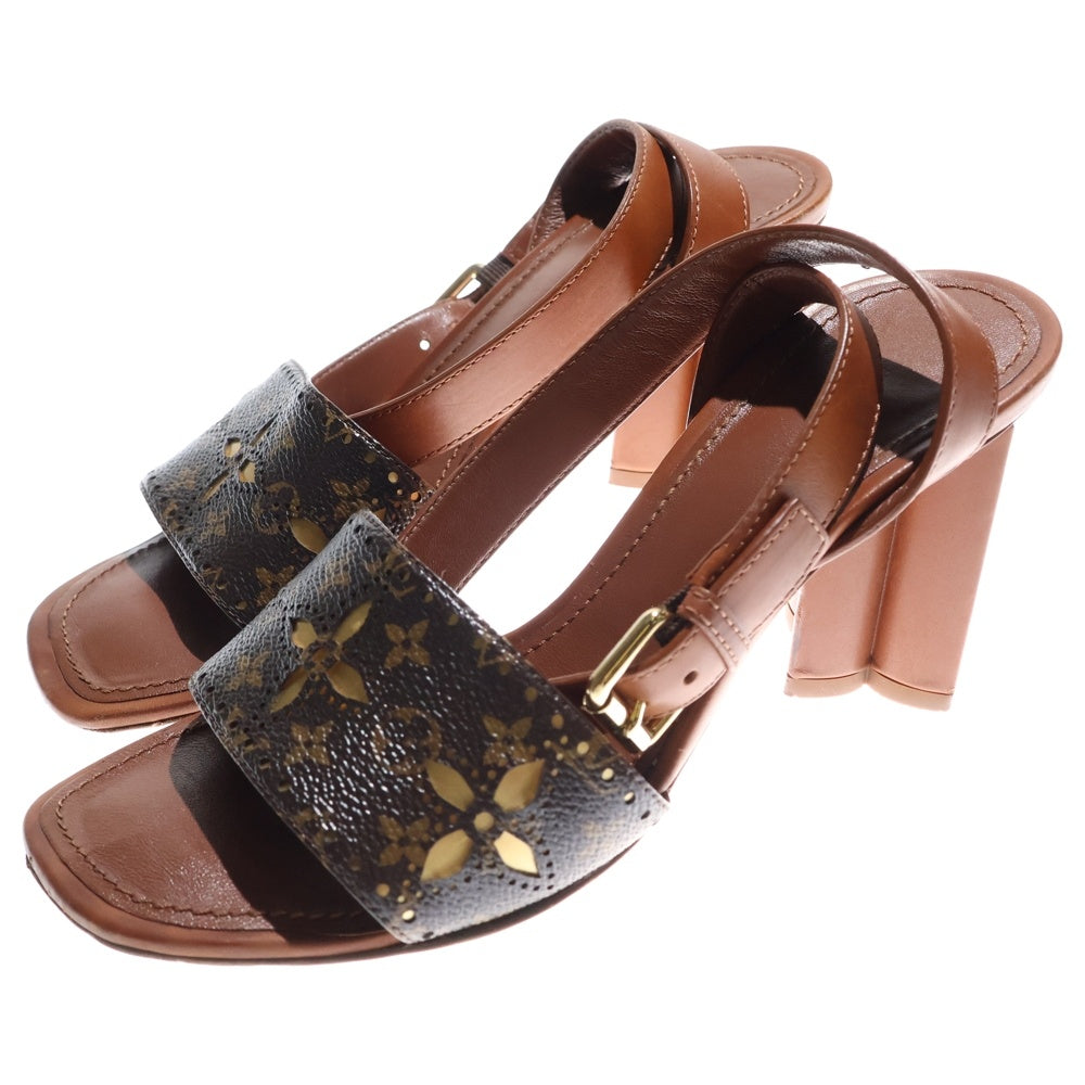 LOUIS VUITTON(ルイヴィトン) シルエット ライン PVC レザー モノグラム パンチング カットアウト ヒール ストラップ サンダル シューズ ブラウン レディース