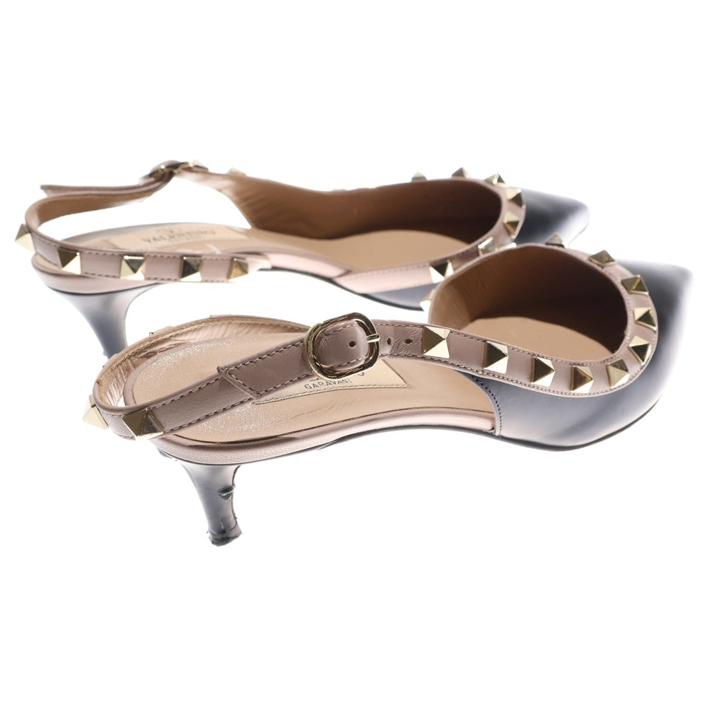 VALENTINO(ヴァレンティノ) ロックスタッズ ポインテッドトゥ レザー ヒール ストラップ パンプス シューズ ブラック/ベージュ レディース