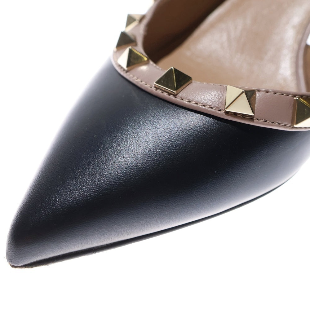 VALENTINO(ヴァレンティノ) ロックスタッズ ポインテッドトゥ レザー ヒール ストラップ パンプス シューズ ブラック/ベージュ レディース