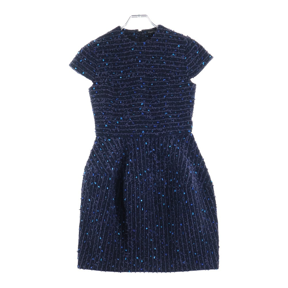 YOKO CHAN(ヨーコ チャン) ミックス ラメ ツイード ボーダー総柄 クルーネック ショートスリーブ 半袖 バルーン ミディアムワンピース ドレス ネイビー/パープル レディース YCD-519-439